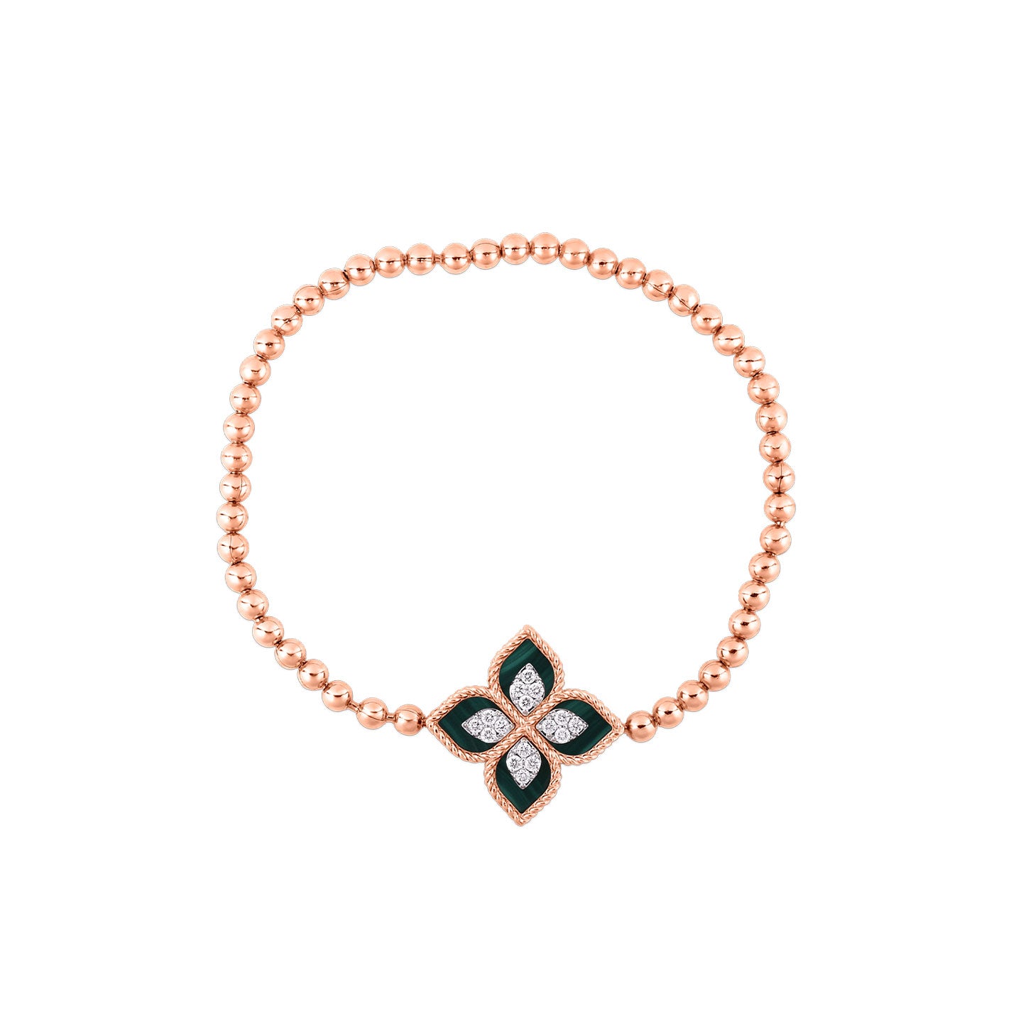 Introducing the Roberto Coin Princess Flower Stretch Bracelet, crafted in 18K rose and white gold. This exquisite piece showcases small, round beads and a central flower-shaped charm. The petals feature elegant segments of black and white outlined with tiny diamonds for a sparkling design.