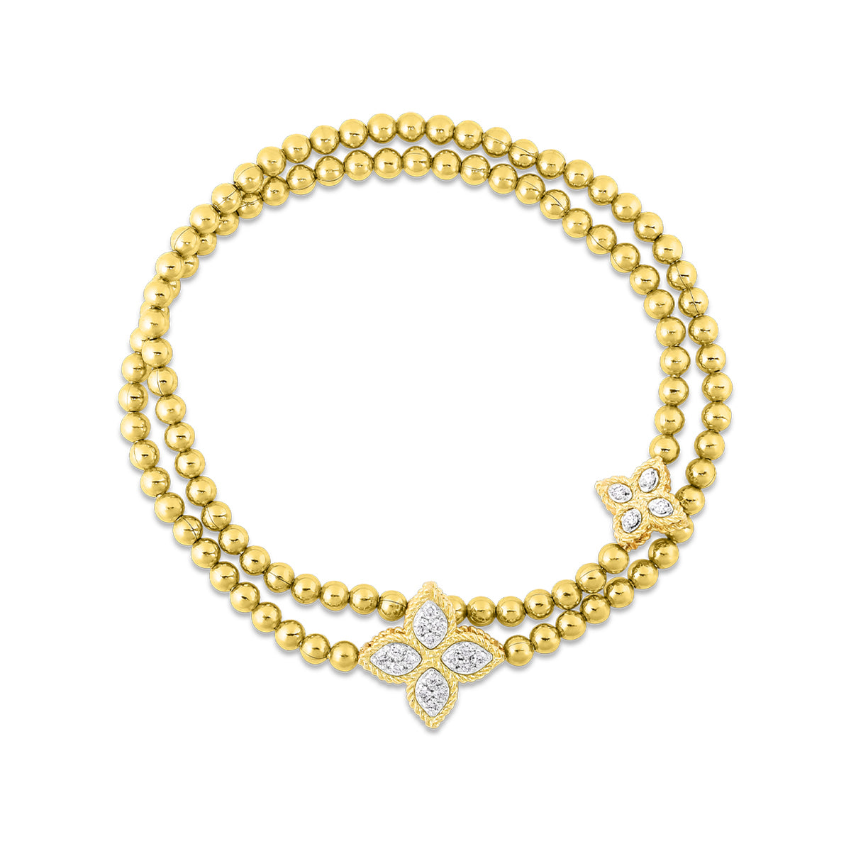 The Roberto Coin Princess Flower 18K Yellow and White Gold Two Station Diamond Double Stretch Bracelet features an elegant design with two diamond-studded, flower-shaped charms. It highlights small round beads and intricate floral details by Roberto Coin.