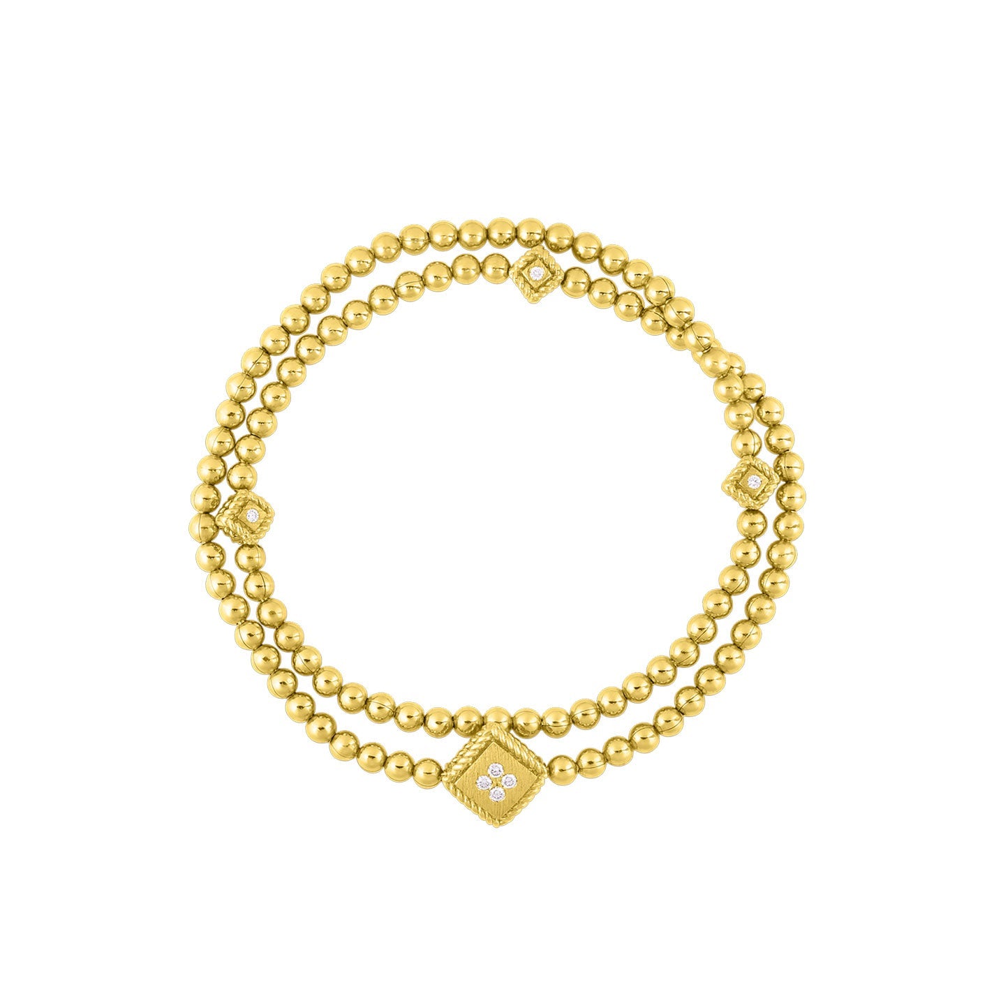 The Roberto Coin Palazzo Ducale 18K Yellow Gold Diamond Accent Double Stretch Bracelet is a breathtaking dual-strand creation, crafted in luxurious 18kt yellow gold with intricately diamond-accented square motifs elegantly interspersed among the gold beads, all set against a simple white backdrop.