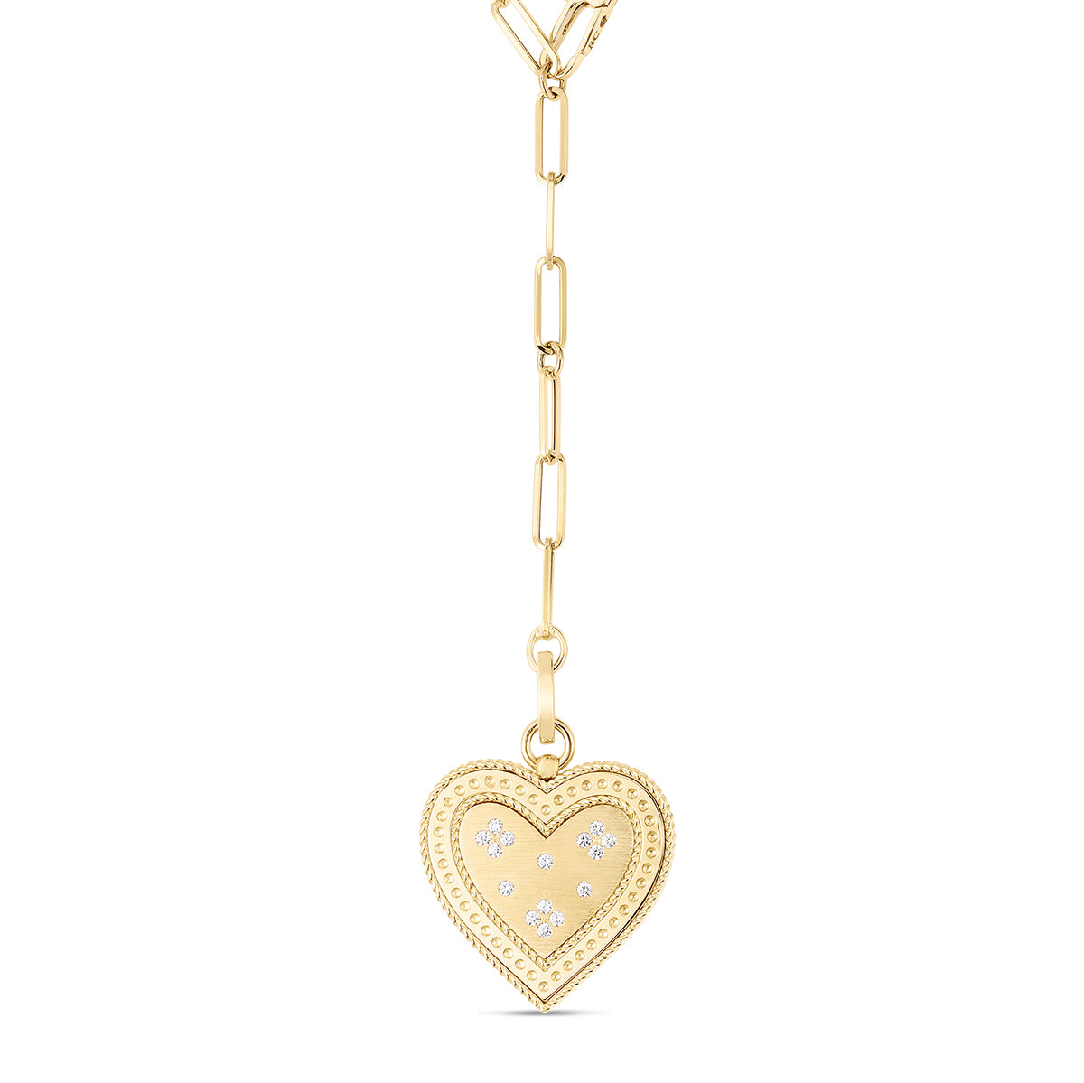 The Roberto Coin Venetian Princess 18K Yellow Gold Large Diamond Heart Medallion Necklace Pendant features a heart-shaped design adorned with small diamonds, beautifully suspended in an exquisite beaded edge medallion style.