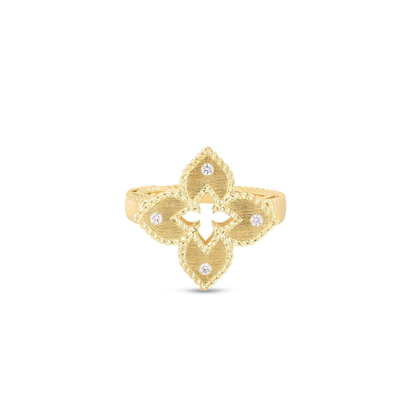 The Roberto Coin Petite Venetian Princess Ring is elegantly crafted from 18k yellow gold and showcases a flower design with four petals, each adorned with a central round diamond. Its textured border highlights the intricate details, while the smooth, polished band adds an element of sophistication to this exquisite piece by Roberto Coin.