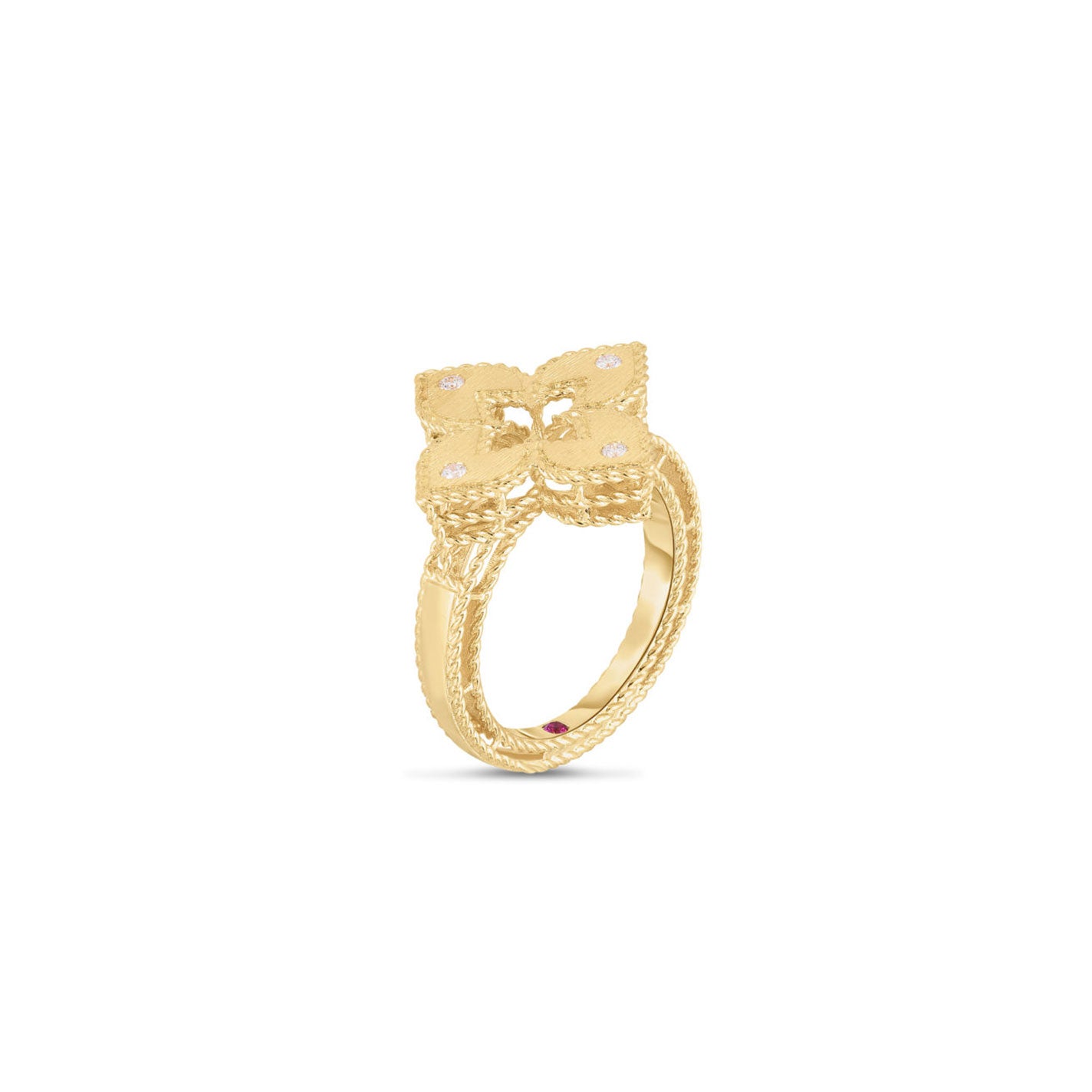 The Roberto Coin Petite Venetian Princess 18K Yellow Gold Satin & Diamond Accent Flower Ring showcases a textured band and an exquisite flower-shaped design adorned with round diamonds. This elegant piece is beautifully displayed against a white background.