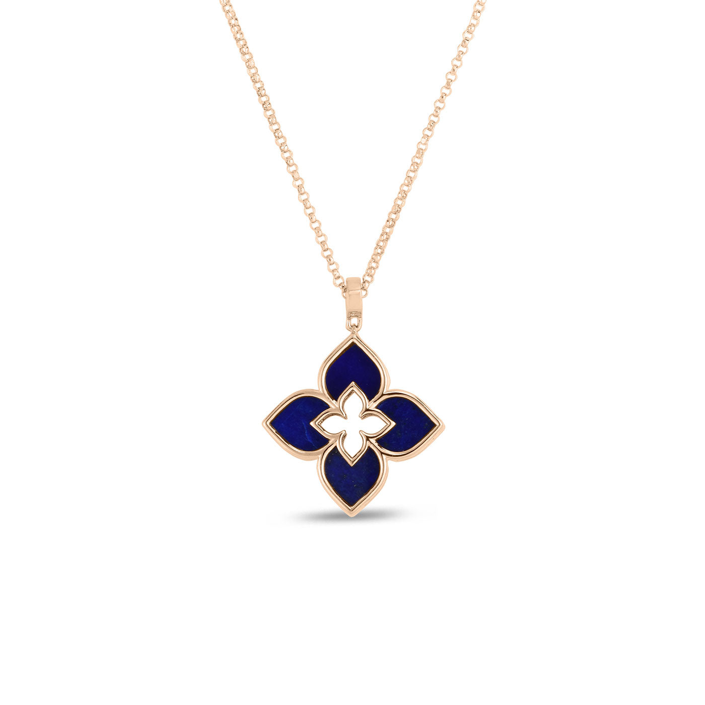 Roberto Coin Venetian Princess 18K Rosé Gold Necklace Pendant features a quatrefoil design with four dark blue enamel petals outlined in 18 Karat Rosé Gold, surrounding a white enamel clover shape.