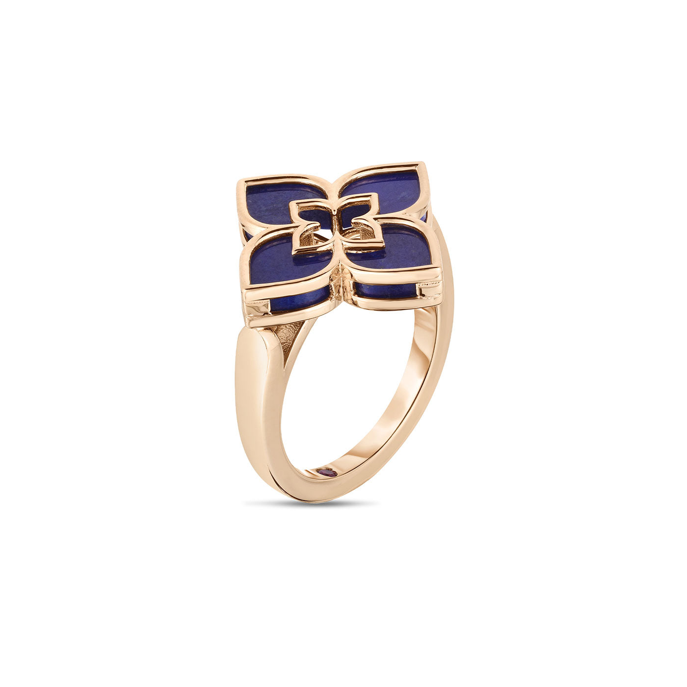 Presenting the Roberto Coin Venetian Princess 18K Rose Gold Small Lapis Ring, a luxurious accessory featuring a flower-shaped design on a rose gold band. Its deep blue lapis petals create a stunning contrast against the gold, embodying modern elegance.