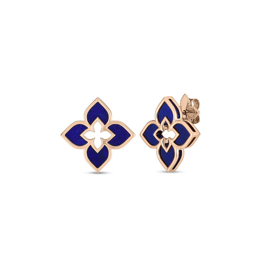 These stunning Roberto Coin Venetian Princess 18K Rosé Gold Lapis Stud Earrings showcase a floral design with four-petaled features and cut-out centers, capturing the elegance typical of Roberto Coin's style, all set against a pristine white background.