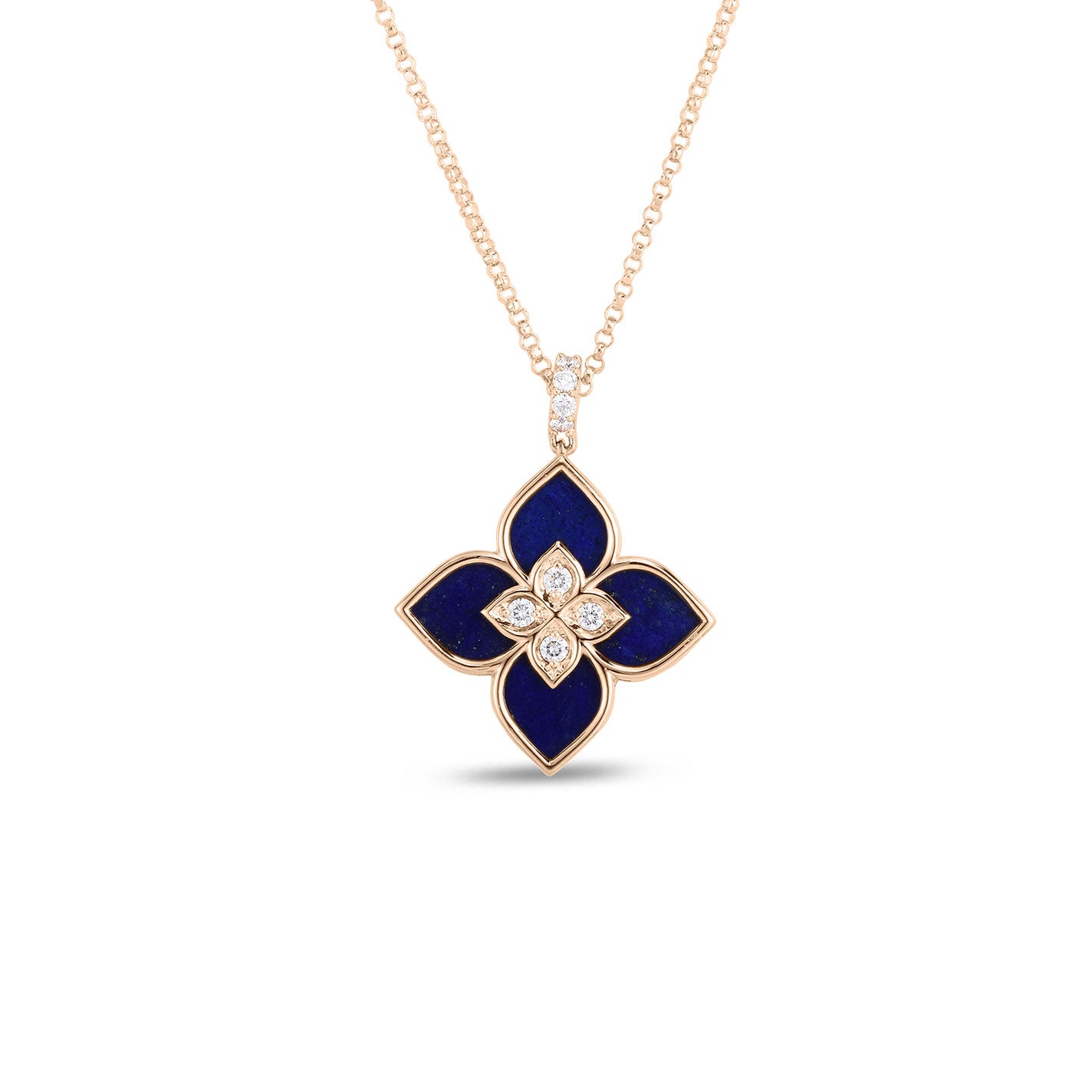 This elegant Roberto Coin Venetian Princess necklace pendant features a captivating four-petaled flower design in 18 Karat Rose Gold. The petals are adorned with a rich lapis finish, highlighted by a cluster of small diamonds at the center, gracefully hanging from a delicate chain.