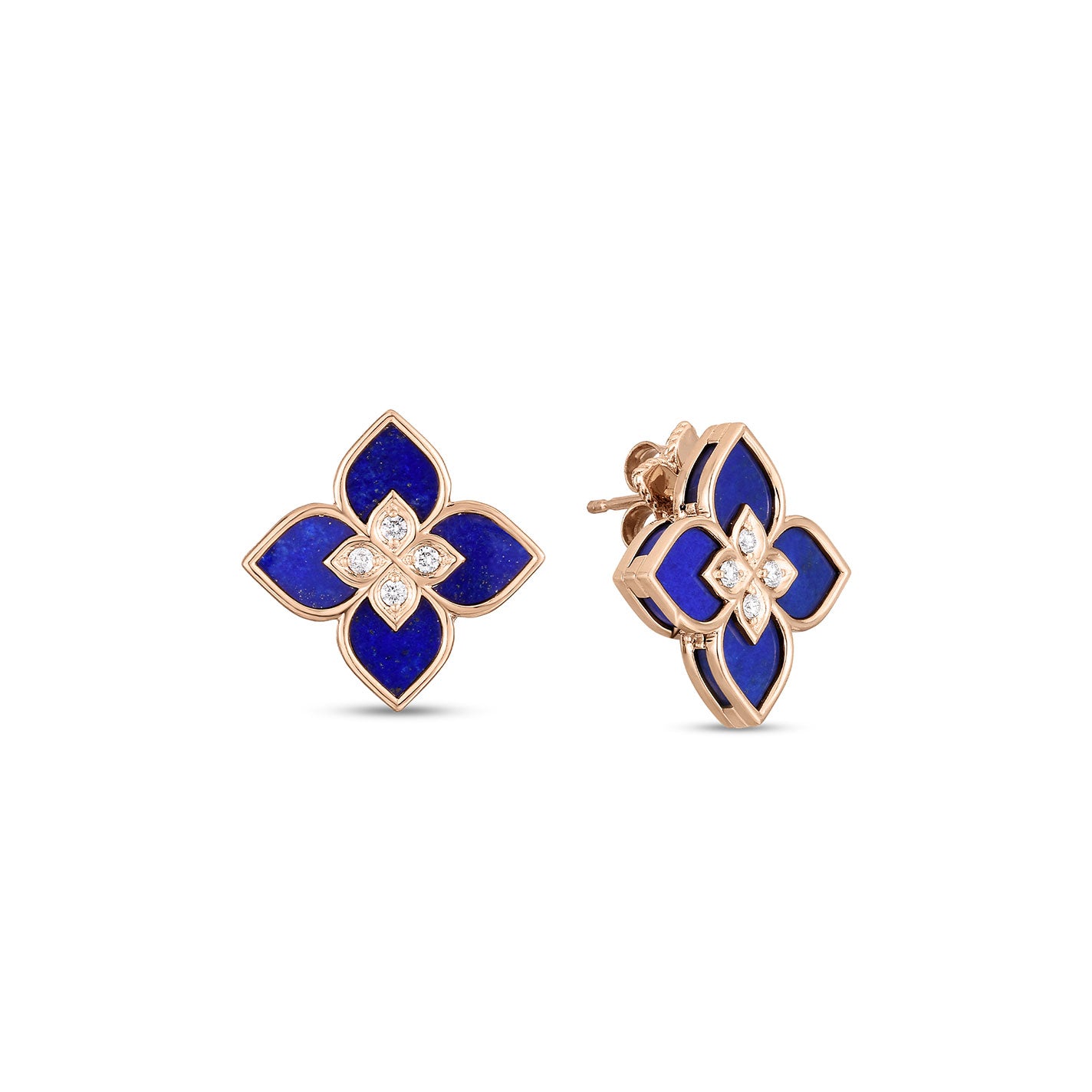 The Roberto Coin Venetian Princess 18K Rose Gold Small Blue Lapis and Diamond Stud Earrings showcase exquisite blue enamel petals and a central diamond cluster, elegantly presented against a white backdrop.