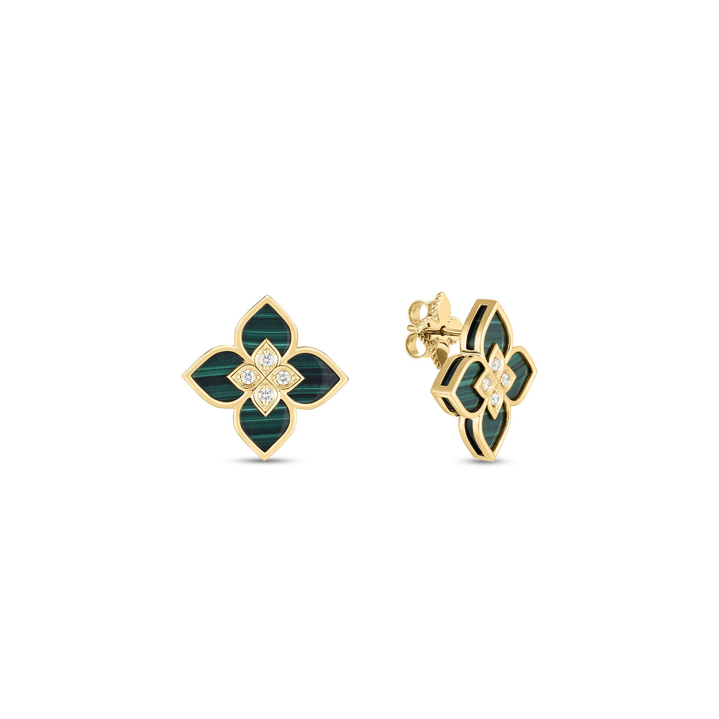 Presenting the Roberto Coin Venetian Princess 18K Yellow Gold Small Malachite and Diamond Frame Earrings, these elegant pieces feature a clover-like design with captivating malachite green petals and a central arrangement of sparkling diamonds. The earrings boast a shiny finish, perfect for displaying against a plain white background.