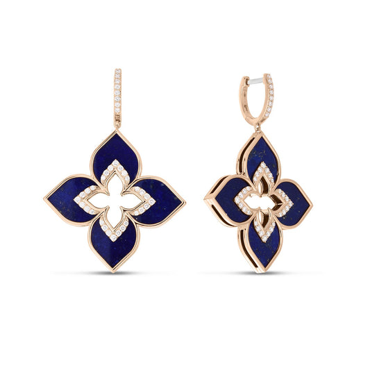 Close-up of sophisticated, flower-shaped earrings showcasing blue enamel and diamond accents, crafted in 18K rose gold. Featuring a four-petal design, the Roberto Coin Large Lapis with Diamond Drop Earrings are displayed in both front and side views.