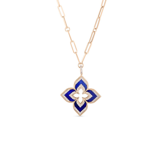 Roberto Coin's 18K Rose Gold Necklace highlights a blue lapis pendant with a floral-shaped hollow center design, accented by round diamonds.