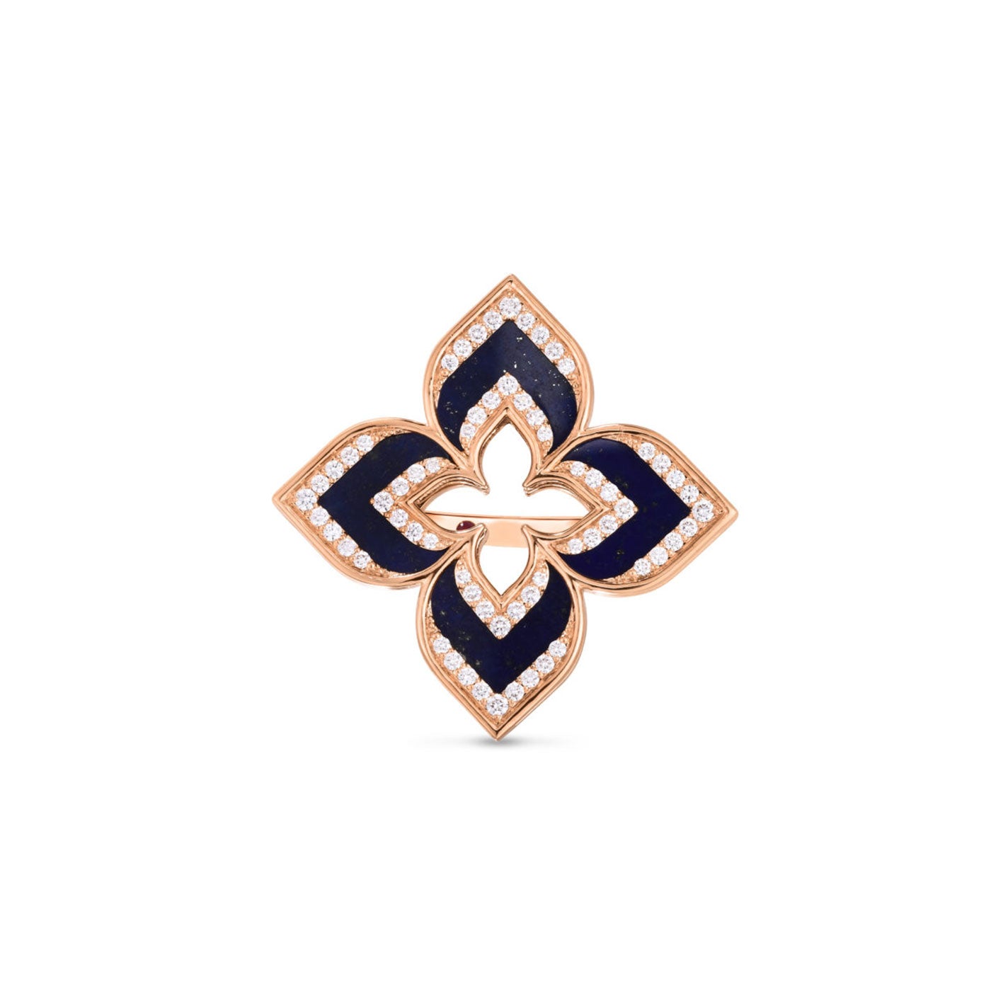 Introducing the Roberto Coin 18K Rose Gold with Blue Lapis and Diamond Flower Ring: a symmetrical floral design featuring four dark, petal-like sections crafted from blue lapis, bordered by small, sparkling round diamonds set in luxurious 18K rose gold. The intricate and elegant design forms a captivating central floral motif.