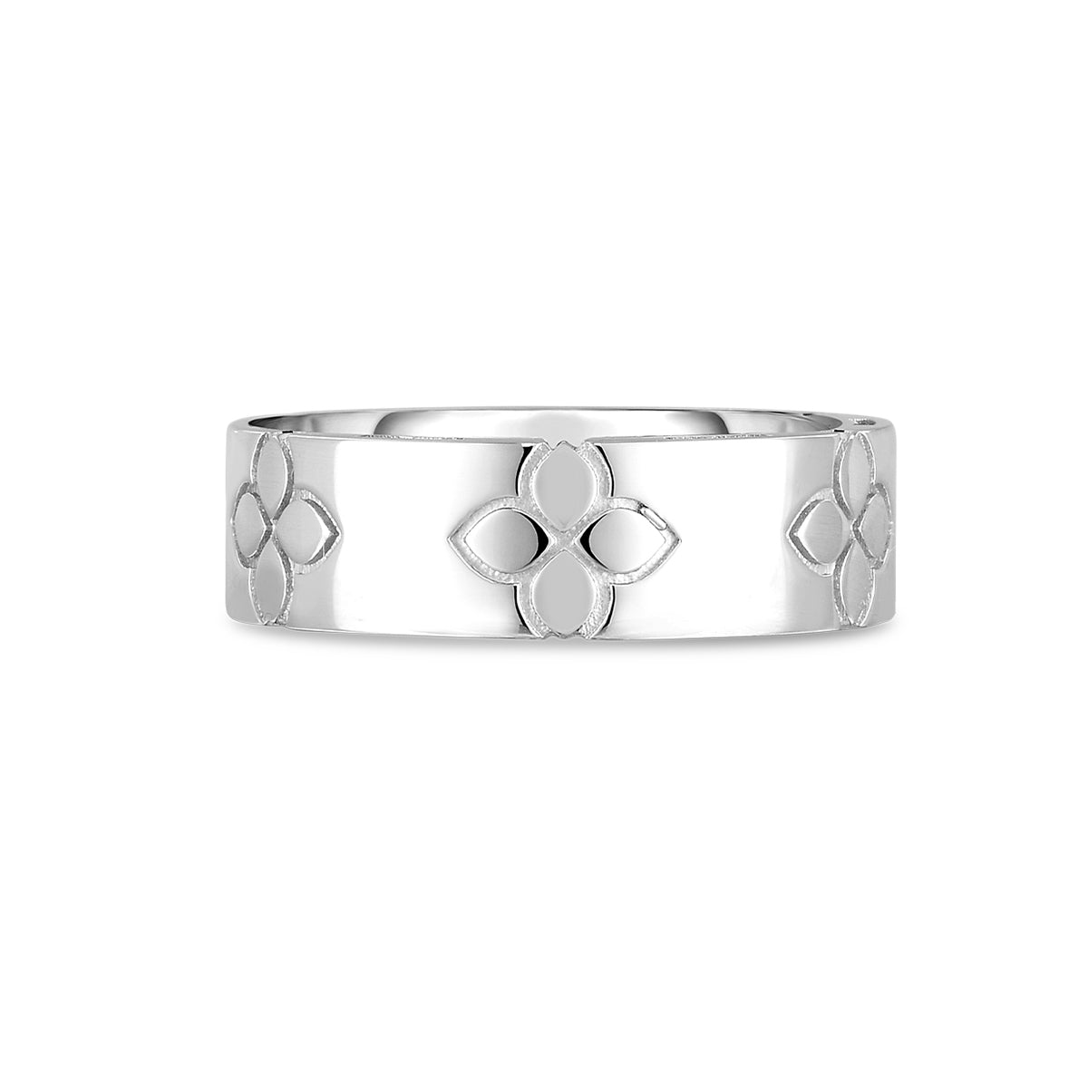 The Roberto Coin Love In Verona 18K White Gold Etched Flowers Wide Ring Band highlights exceptional craftsmanship, with a polished band adorned with intricate etched floral designs. Each petal-shaped engraving creates a symmetrical flower pattern, reflecting the elegant style of Love In Verona.