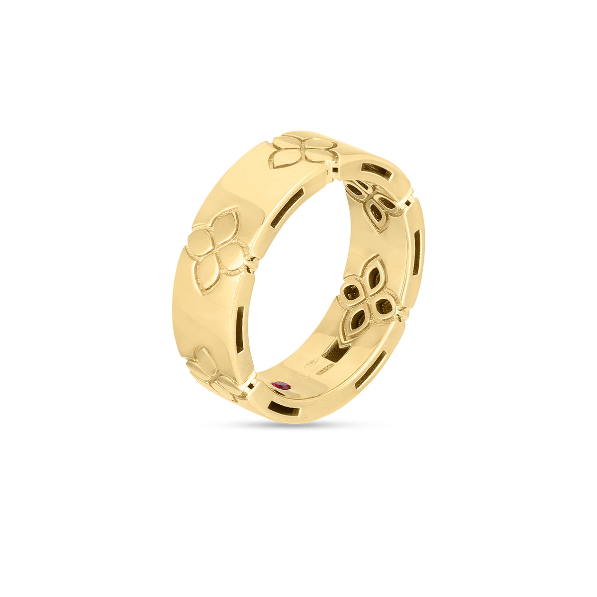 This Roberto Coin Love In Verona 18K Yellow Gold Etched Flowers Wide Ring is part of the exquisite Love In Verona jewelry collection. It showcases a pattern of raised, stylized floral designs, with its smooth and shiny surface elegantly reflecting light for an added charm.