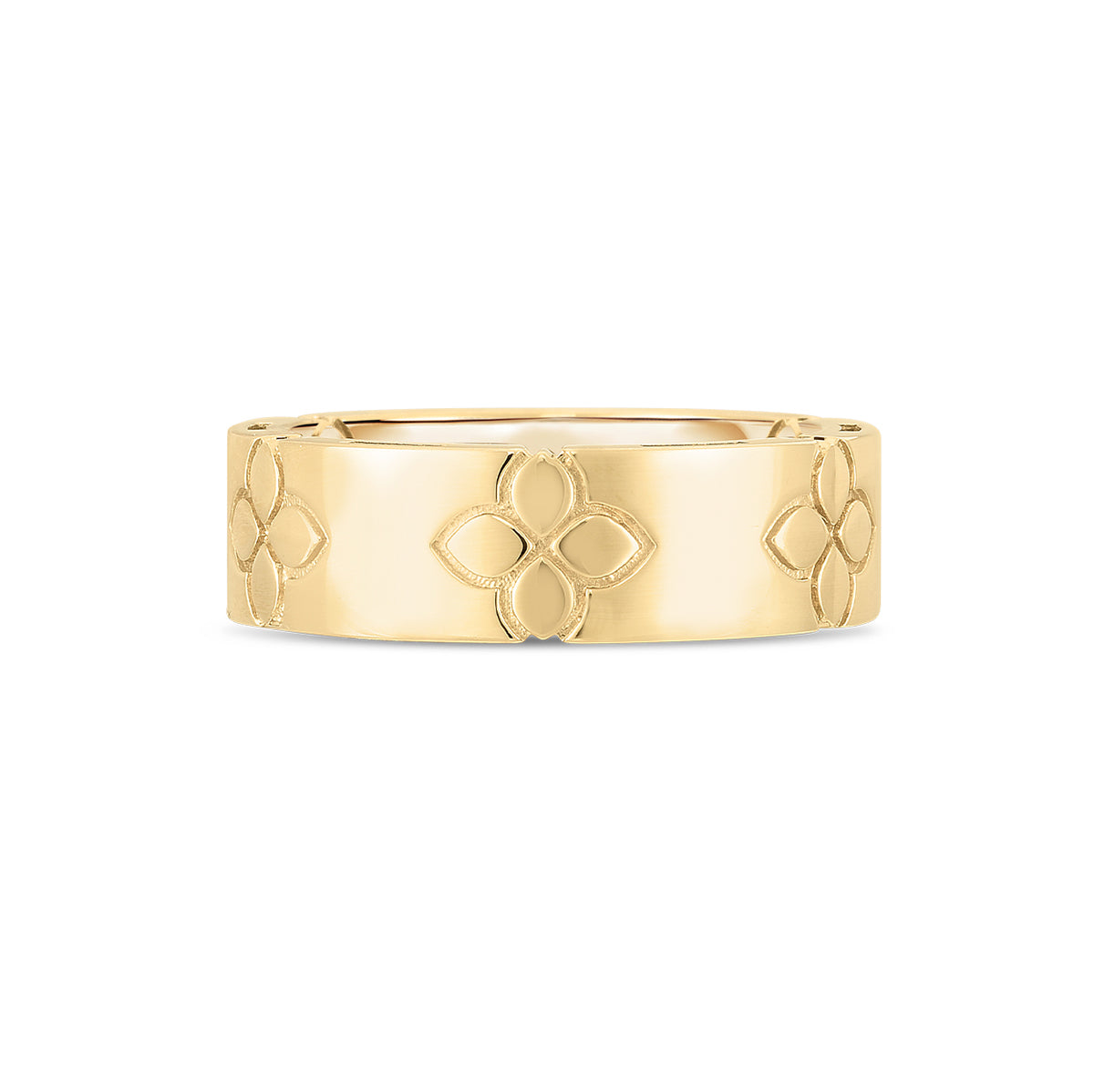 Crafted from 18K yellow gold, the Roberto Coin Love In Verona Wide Ring features etched floral designs adorning its band.