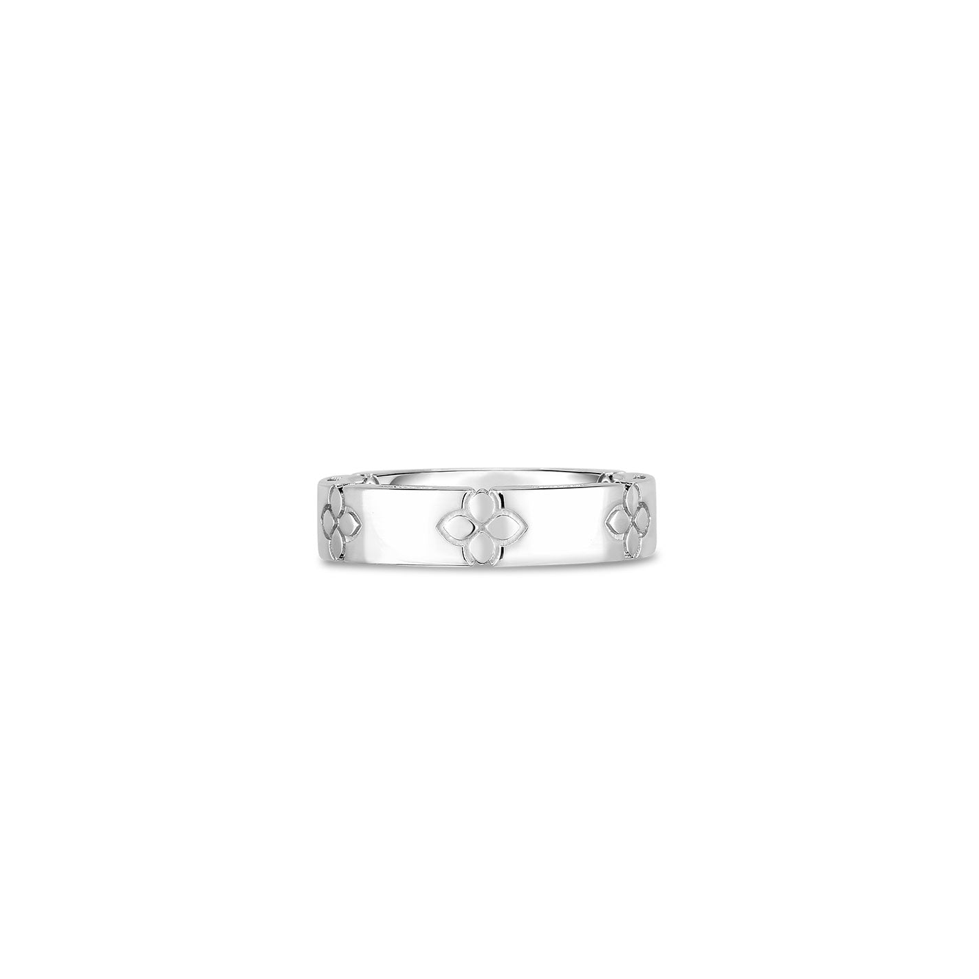 The Roberto Coin Love in Verona 18K White Gold Ring showcases a sleek, polished finish with clover-like motifs encircling the band, capturing the essence of Roberto Coin's signature collection. The ring is elegantly set against a plain white background.