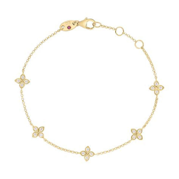 The Roberto Coin Love by the Inch 18K Yellow Gold Diamond 5 Station Flower Bracelet features a 7" delicate gold chain with five diamond-accented floral charms (0.23 TCW), adjustable loops, and a lobster clasp.