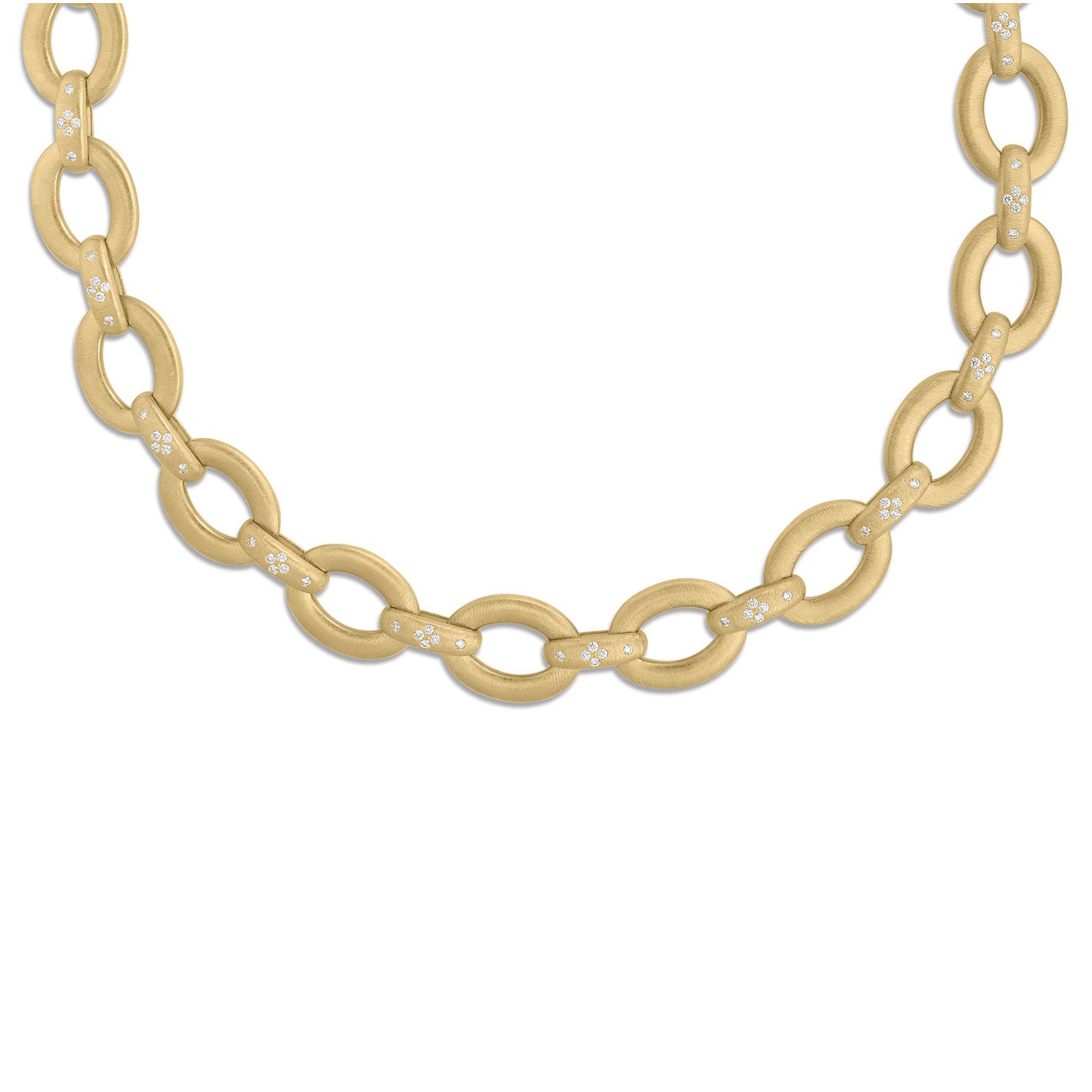 A detailed view showcases the Roberto Coin Duchessa 18K Yellow Gold And Diamond Accent Oval Link Collar Necklace, each oval link elegantly embellished with a diamond accent, against a pristine white background.