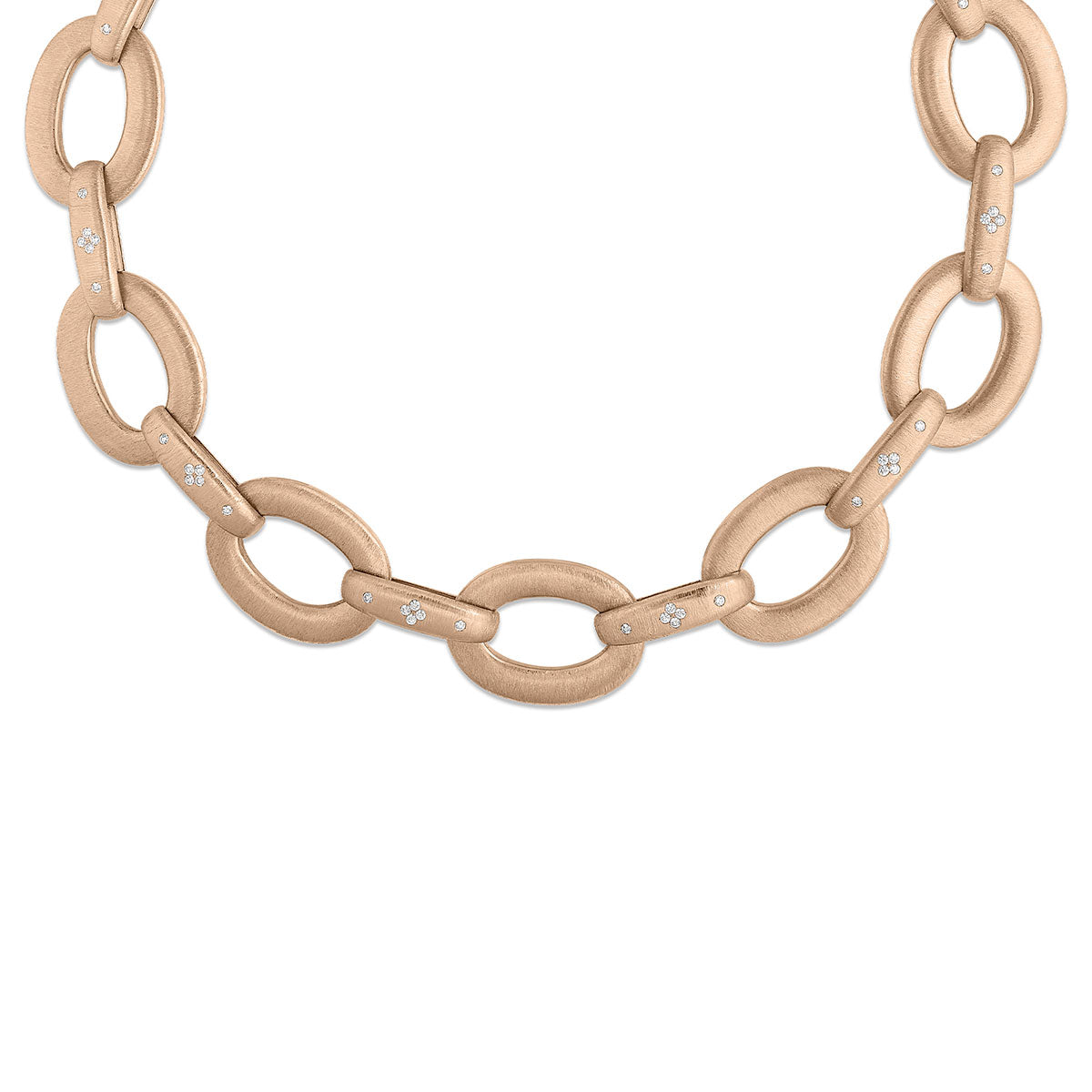 The Roberto Coin Duchessa necklace, crafted from 18K rose gold, features oval links accented with diamonds. It showcases a modern and elegant design with a matte finish.