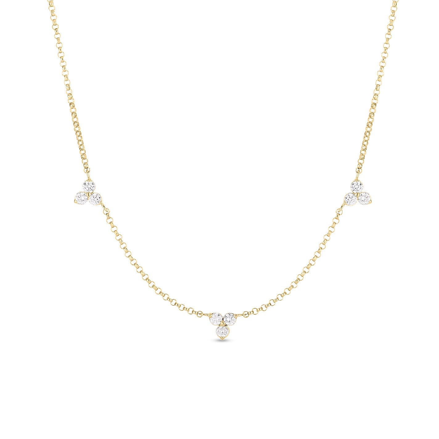 Discover the sophistication of the Roberto Coin Diamonds by the Inch Necklace in 18K Yellow Gold. This exquisite piece features a delicate chain highlighted by three stations, each adorned with clusters of small, round diamonds meticulously crafted for a touch of perfection.