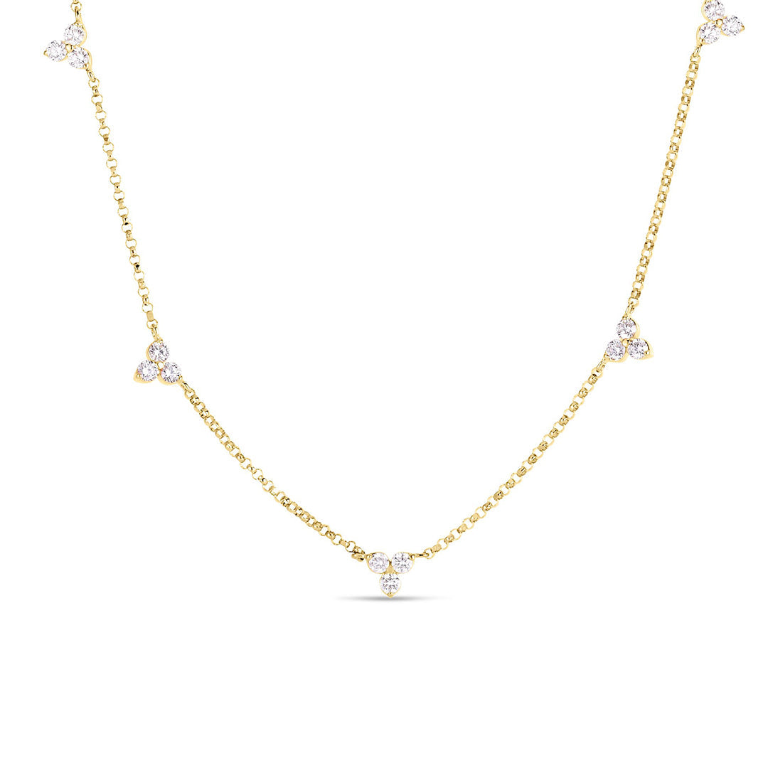 The Roberto Coin Diamonds by the Inch 18K Yellow Gold Diamond Station Flower Necklace showcases clusters of three round diamonds, totaling 0.48 TCW, set along a delicate 17" gold chain.