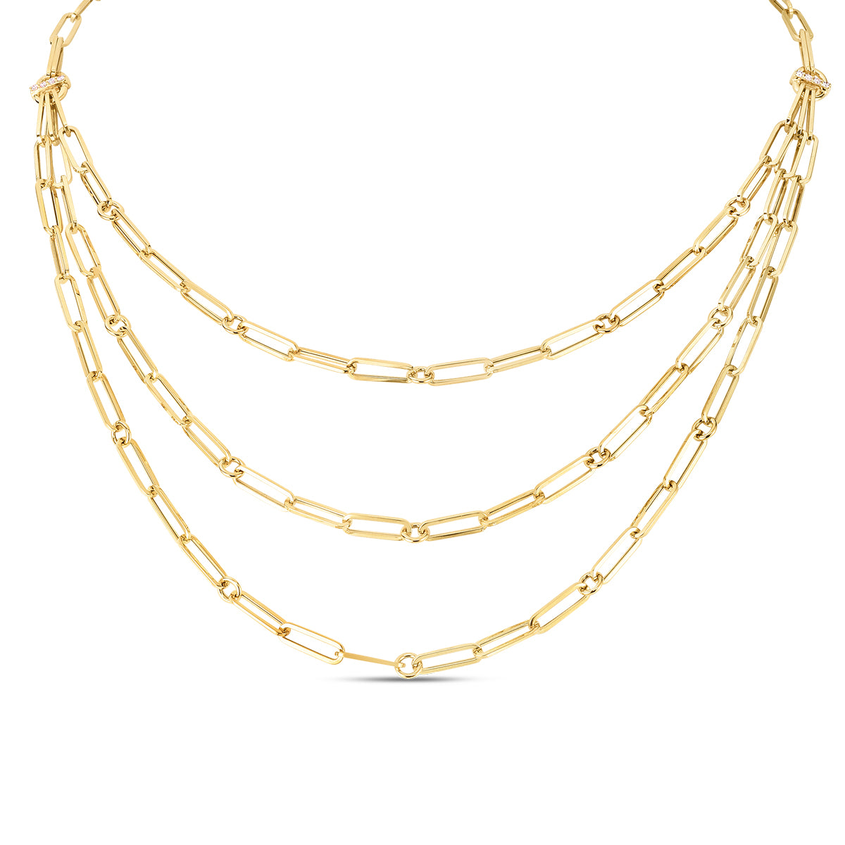 The Roberto Coin Designer 18K Yellow Gold Triple Strand Paperclip Chain Diamond Necklace features elongated, linked rectangular segments crafted in 18K gold. The design is both delicate and elegant, showcasing a modern, minimalist style characteristic of Roberto Coin. The chains are evenly spaced to create a cascading effect.