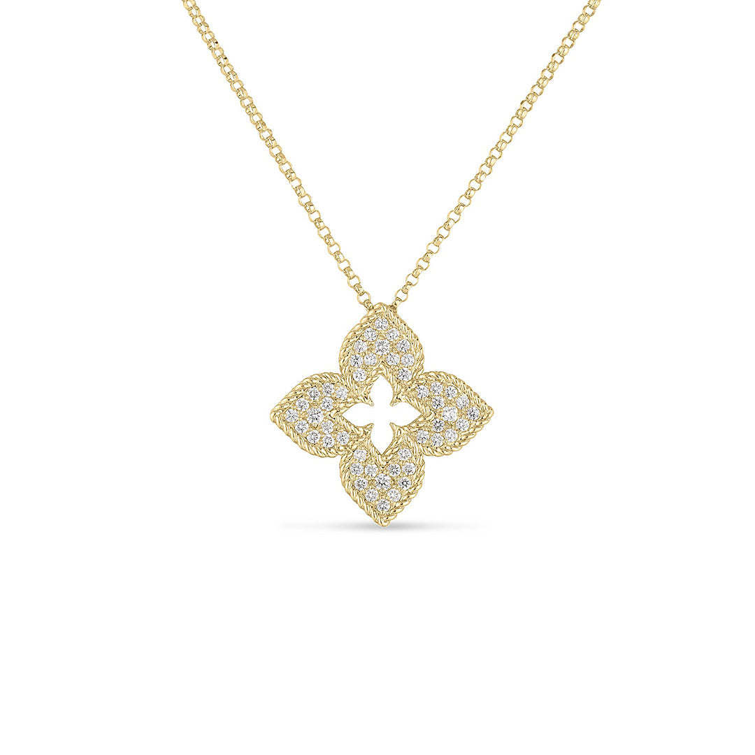 The Roberto Coin Venetian Princess 18K Yellow Gold Pave Diamond Necklace Pendant showcases a captivating quatrefoil pendant embellished with small, glittering diamonds. Its sophisticated design is finished with a delicate chain, adding a luxurious touch to any ensemble.