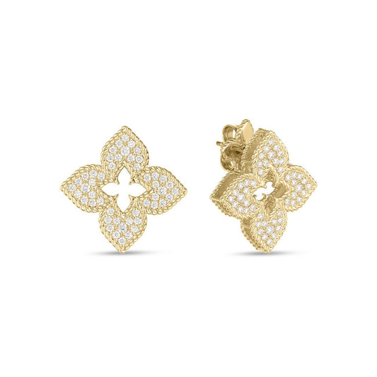 A pair of Roberto Coin Venetian Princess 18K Yellow Gold Pave Diamond Earrings, designed in an elegant four-petaled flower shape with a textured finish, encrusted with small sparkling gemstones and featuring a central cut-out reminiscent of a delicate pendant.