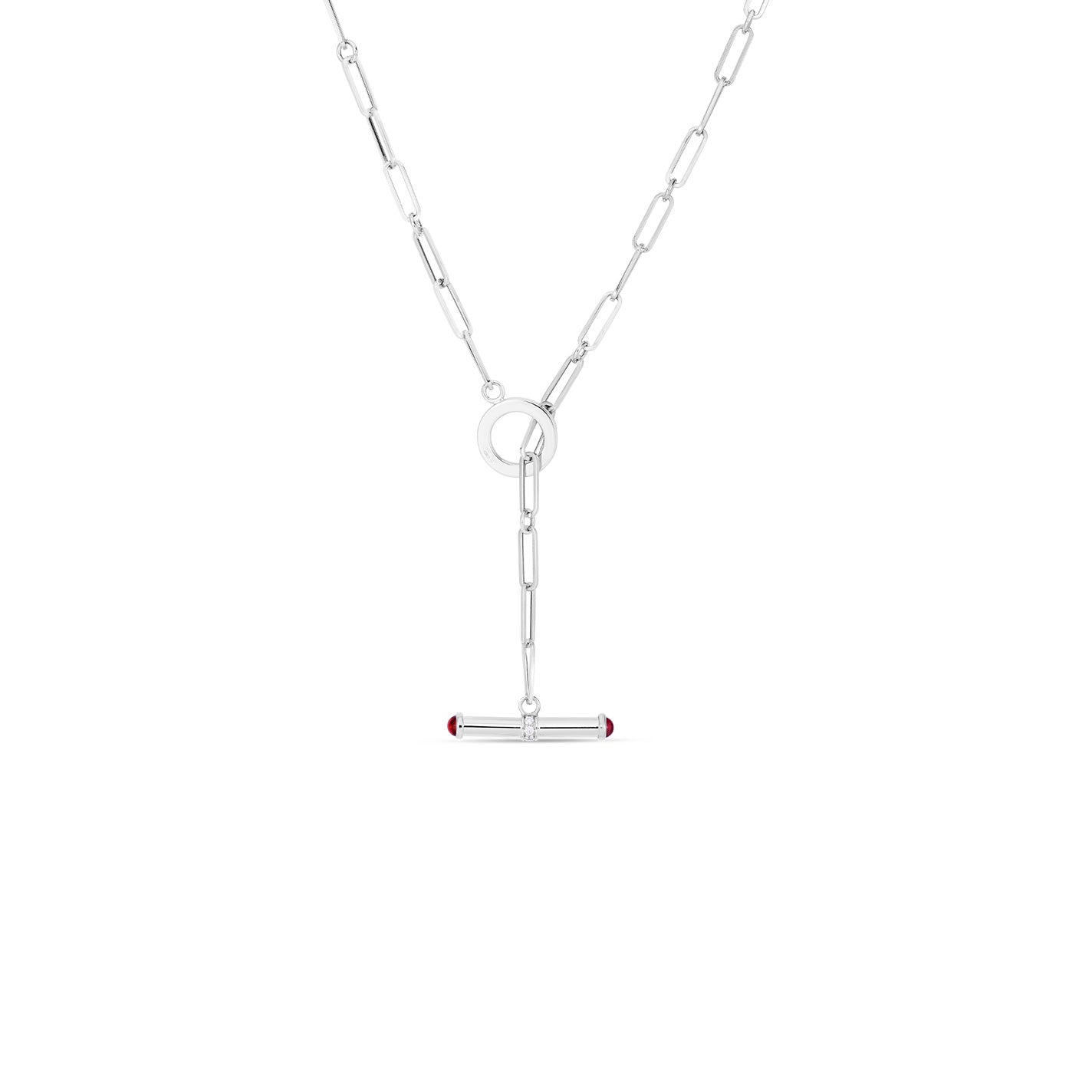 Introducing the Roberto Coin Oro Classic 18K White Gold Diamond/Ruby Toggle Clasp Necklace: a sophisticated lariat necklace with an elongated chain link and toggle clasp, featuring a circular connector and horizontal bar pendant adorned with elegant ruby gemstone tips, set against a plain white backdrop.