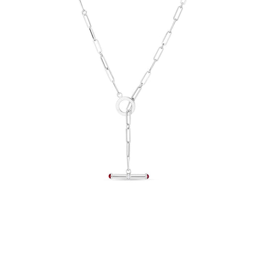 Introducing the Roberto Coin Oro Classic 18K White Gold Diamond/Ruby Toggle Clasp Necklace: a sophisticated lariat necklace with an elongated chain link and toggle clasp, featuring a circular connector and horizontal bar pendant adorned with elegant ruby gemstone tips, set against a plain white backdrop.