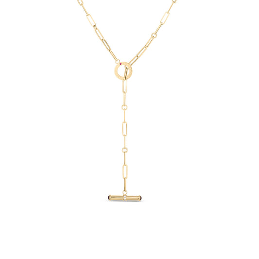 This elegant Roberto Coin Designer necklace showcases a sleek and minimalist paperclip chain design in 18K Yellow Gold, featuring a diamond toggle closure for added sophistication.