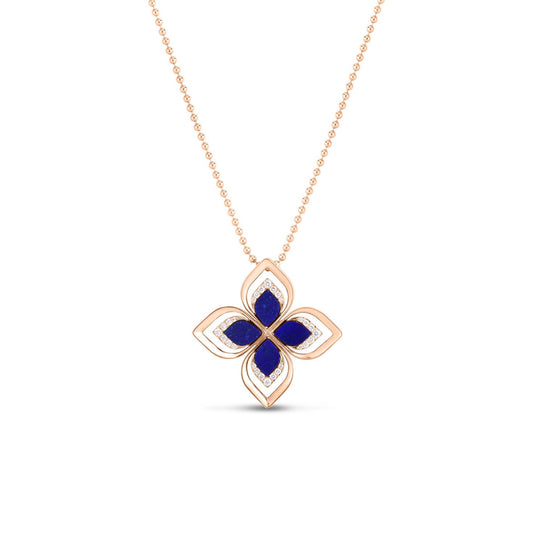 The Roberto Coin Venetian Princess 18K Rose Gold Open Frame Blue Lapis and Diamond Large Flower Necklace Pendant showcases a stunning four-petaled flower design with alternating blue lapis and gold petals, each outlined by small white stones. The exquisite chain is crafted from small spherical gold beads in luxurious 18 Karat Rosé Gold.