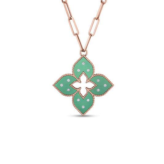 The Roberto Coin Venetian Princess necklace features an 18K rose gold chain with a medium green titanium flower-shaped pendant, accented by diamond details.