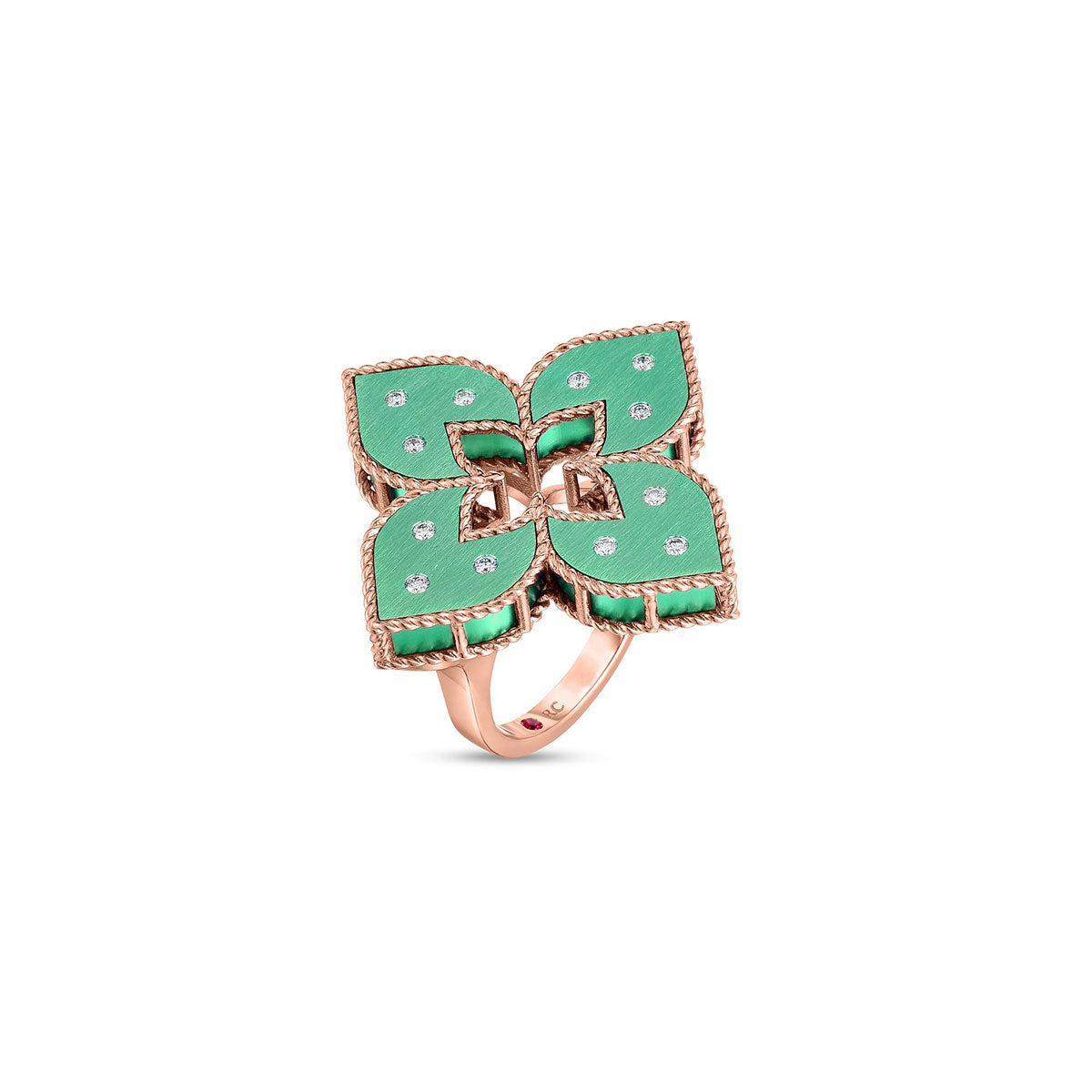 The Roberto Coin Venetian Princess 18K Rose Gold ring exudes luxury with its meticulously crafted design, showcasing four green enamel shapes enhanced by diamond accents, creating an image of a delicate green titanium flower. The polished finish and exquisite detailing highlight the elegance of this piece.