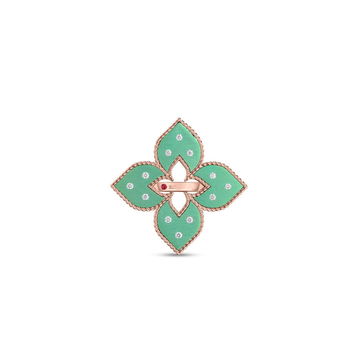 The Roberto Coin Venetian Princess ring combines luxury and elegance, featuring a clover-shaped design crafted from 18K Rose Gold and embellished with a large green titanium flower accented with small diamonds, beautifully highlighted against a plain white background.