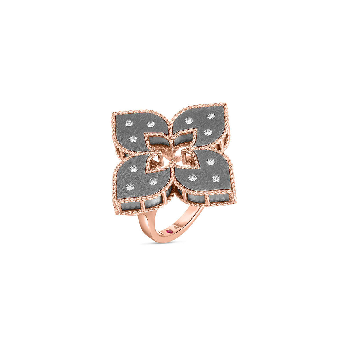 Discover the Roberto Coin Venetian Princess 18K Rose Gold Flower Ring, adorned with large grey titanium petals and sparkling diamond accents. This exquisite piece embodies the brand's renowned craftsmanship, showcasing intricate details on a sophisticated rose gold band.