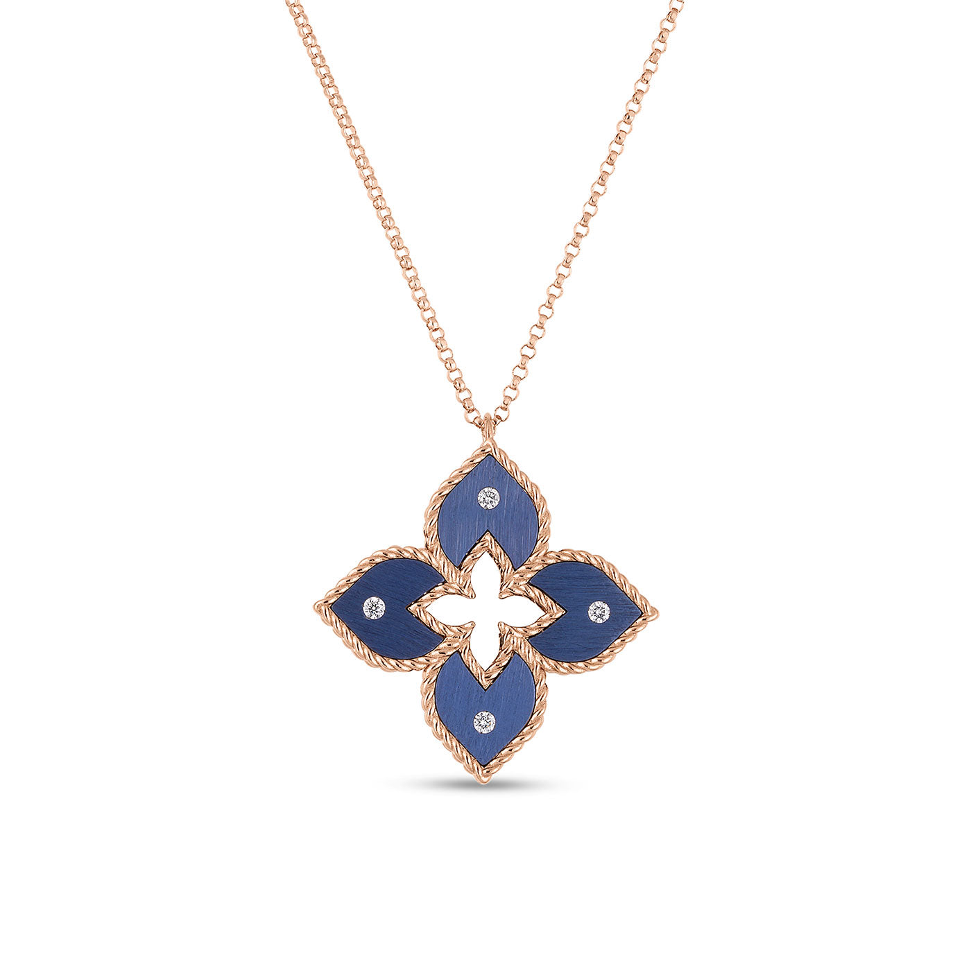 The Roberto Coin Venetian Princess 18K Rose Gold Small Blue Titanium and Diamond Flower Pendant Necklace exudes timeless elegance with its flower-shaped pendant, featuring a blue titanium inlay. Each petal glistens with a small diamond, and the pendant gracefully hangs from a delicate rose gold chain.