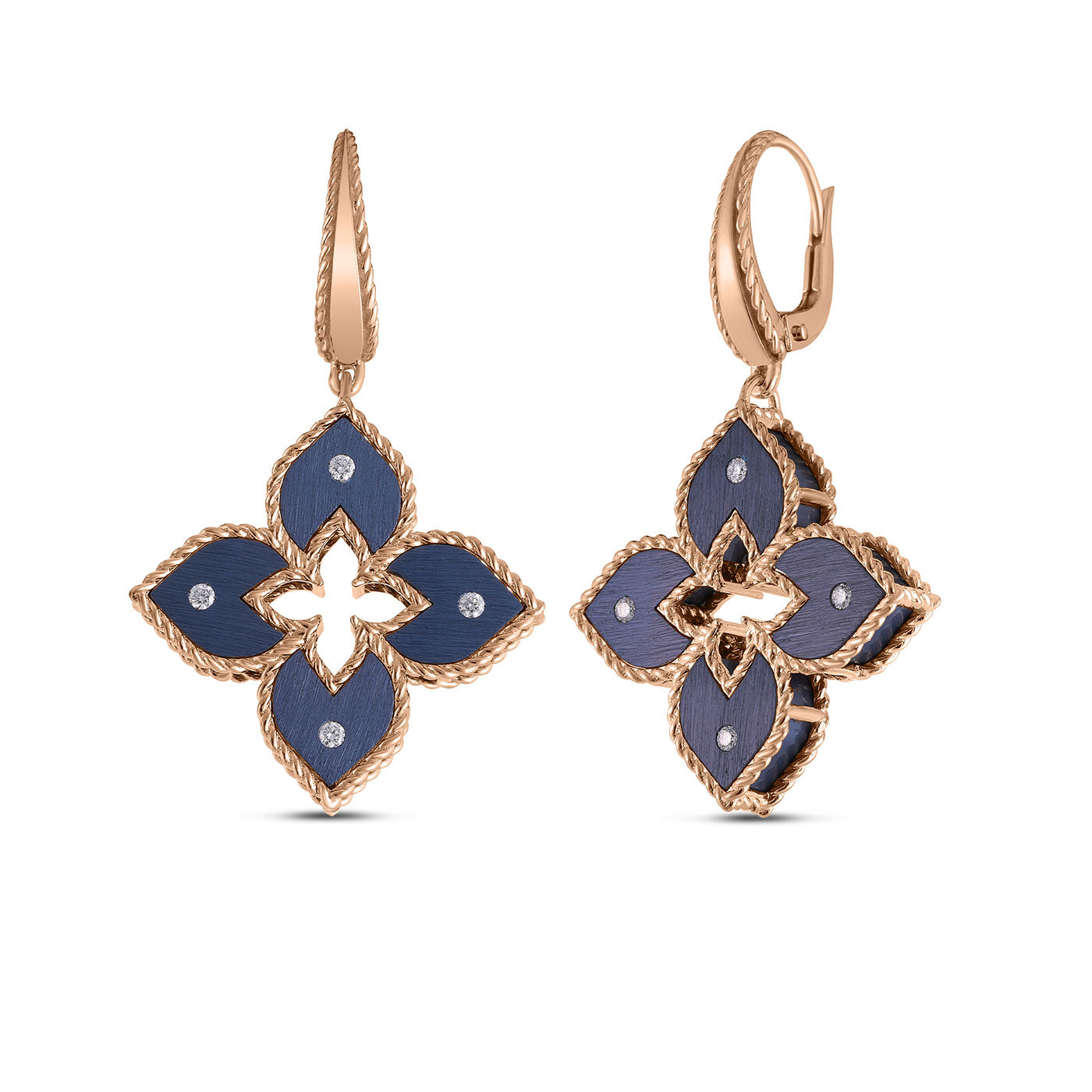 The Roberto Coin Venetian Princess 18K Rose Gold Small Blue Titanium and Diamond Flower Dangle Earrings exude timeless elegance with their flower-shaped design. Encased in a gold border and featuring deep blue petals adorned with small diamond accents, these earrings are completed with a textured finish and lever-back clasps for an exquisite touch.