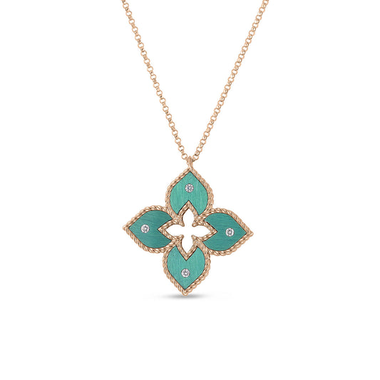 The Roberto Coin Venetian Princess necklace in 18K rose gold features a flower pendant made of green titanium and accented with small diamonds. The pendant, designed with a floral-inspired look, showcases a rope-like texture around its edges and hangs from a delicate chain.