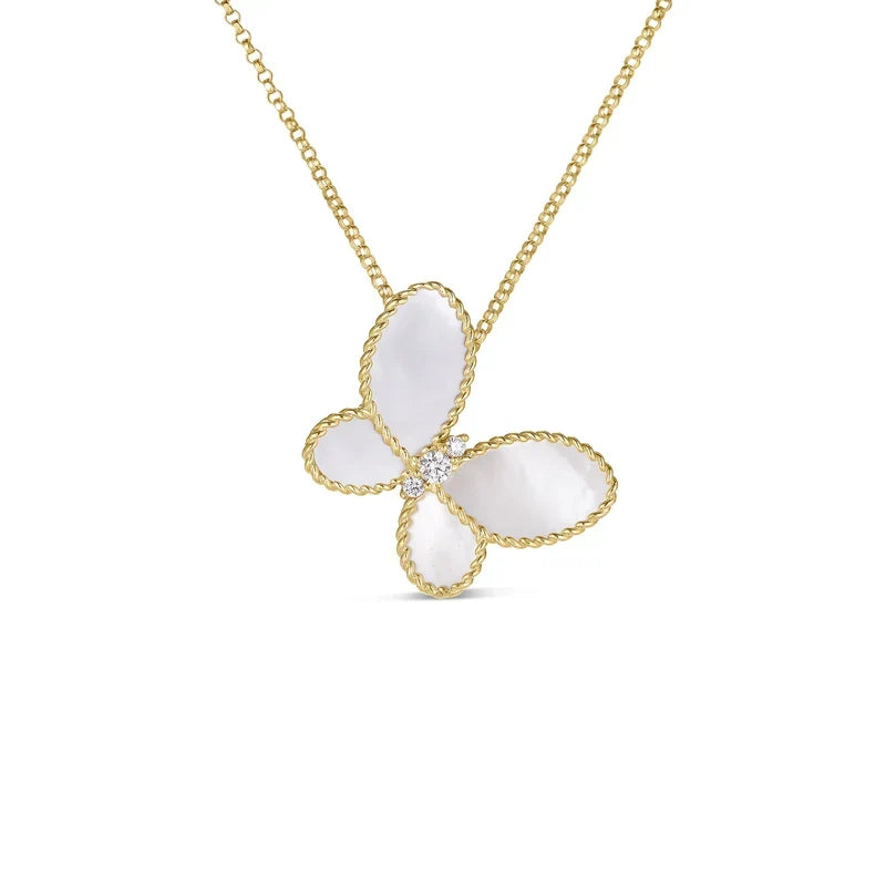 Roberto Coin Jasmine 18K Yellow and White Gold Mother of Pearl and Diamond Butterfly Necklace featuring mother-of-pearl wings and small diamonds in the center.