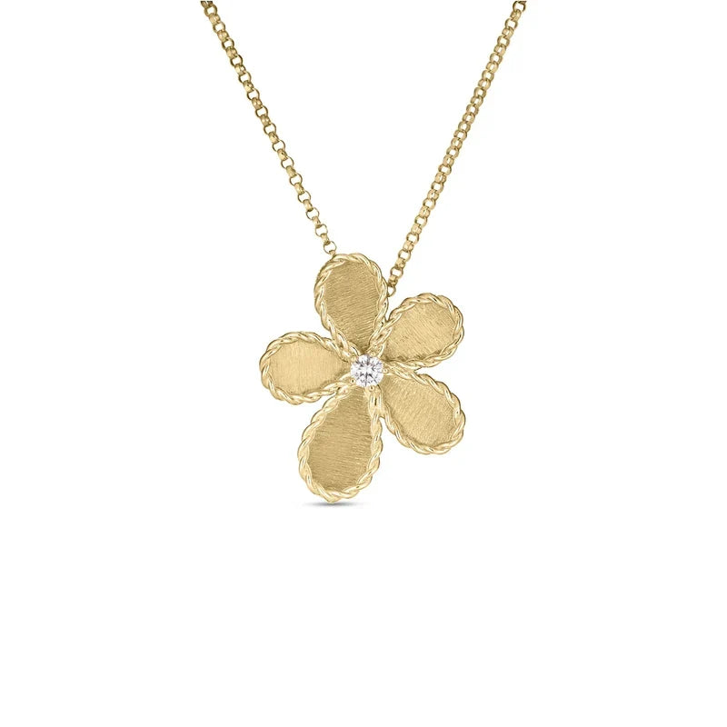 Roberto Coin Jasmine 18K Yellow and White Gold Diamond Satin Finish Flower Necklace Pendant on a delicate chain with a single diamond at the center.