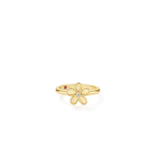 Roberto Coin Jasmine 18K Yellow Gold Diamond Flower Ring featuring a single center diamond and a small inset gemstone on the band.