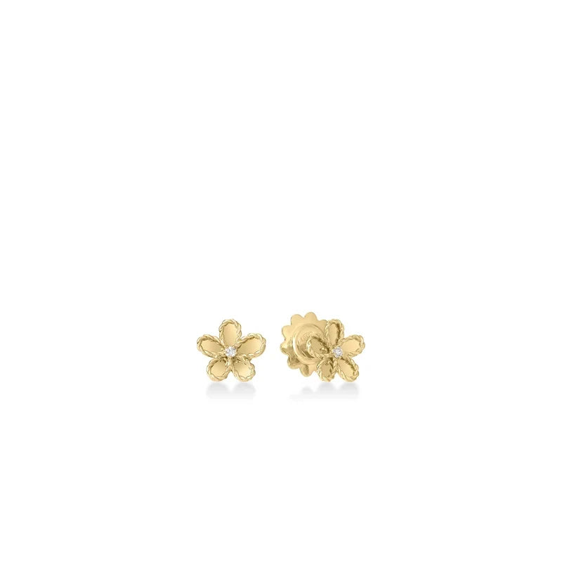 Roberto Coin Jasmine 18K yellow gold flower-shaped stud earrings featuring a round diamond at the center of each.