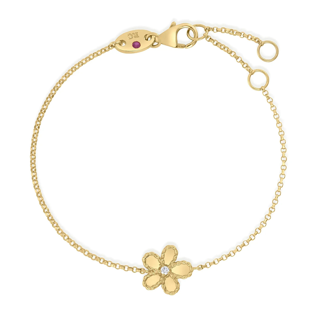 Roberto Coin Jasmine 18K Yellow Gold Diamond Flower Bracelet featuring a flower charm with a central diamond and a small ruby accent near the clasp.
