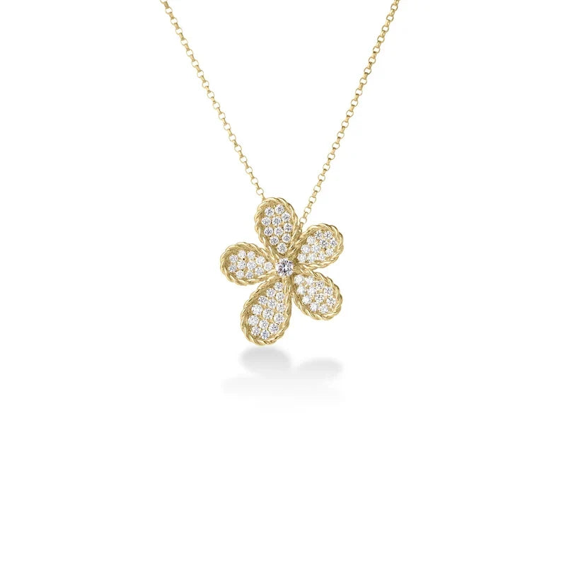 Roberto Coin Jasmine 18K White Gold Diamond Pavé Flower Necklace featuring a delicate jasmine flower pendant with diamond pavé petals on a gold chain.