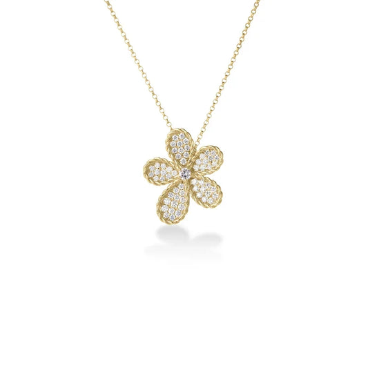 Roberto Coin Jasmine 18K White Gold Diamond Pavé Flower Necklace featuring a delicate jasmine flower pendant with diamond pavé petals on a gold chain.