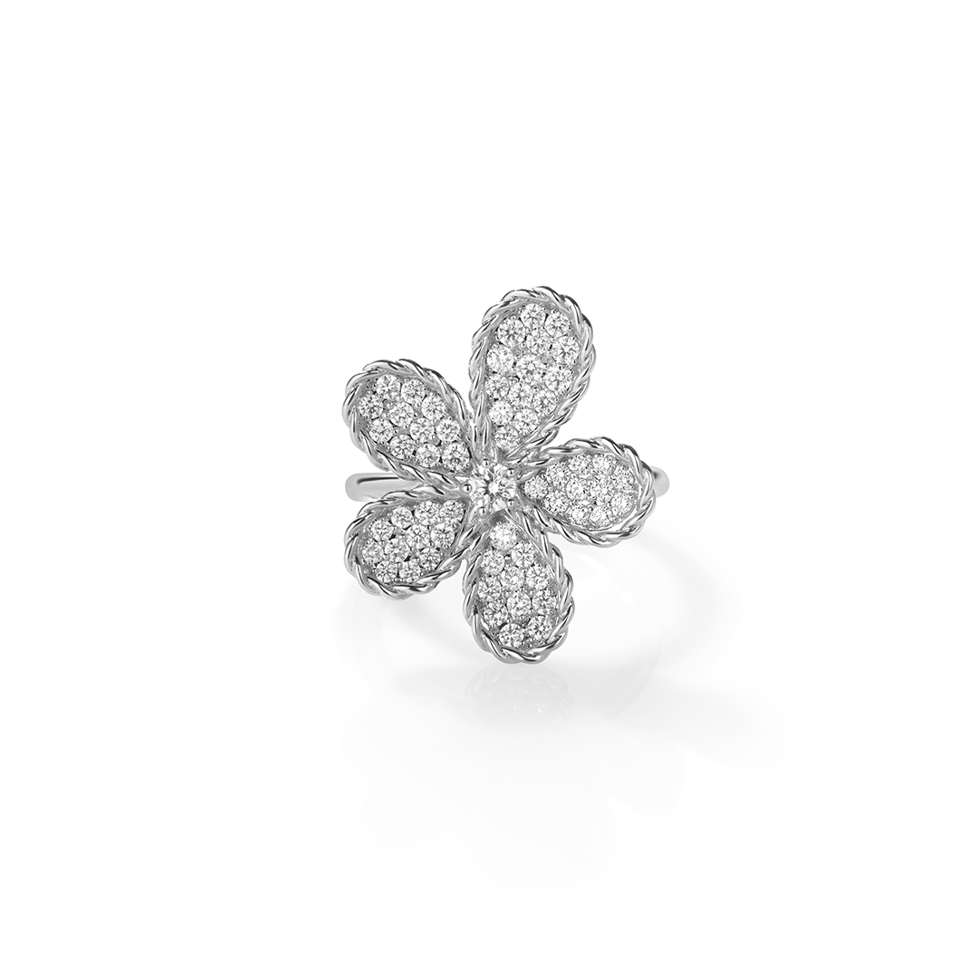 Roberto Coin Jasmine 18K White Gold Diamond Flower Ring featuring five petals encrusted with pavé diamonds and a central diamond accent.