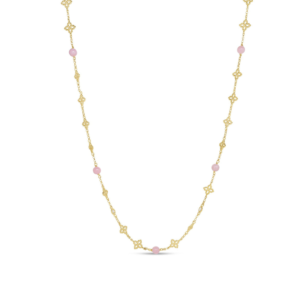Roberto Coin Princess Flower 18K Yellow Gold Pink Opal and Diamond Necklace featuring alternating flower-shaped links and small pink opal beads.