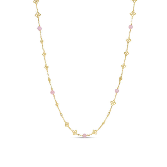 Roberto Coin Princess Flower 18K Yellow Gold Pink Opal and Diamond Necklace featuring alternating flower-shaped links and small pink opal beads.