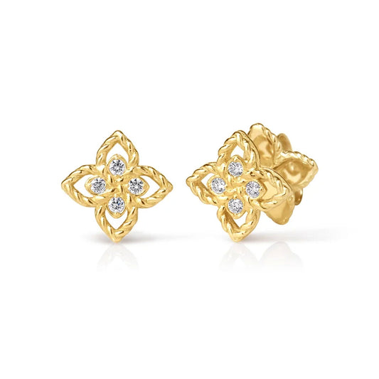 The Roberto Coin Princess Flower 18K Yellow Gold Petite Diamond Flower Stud Earrings feature four-petal floral designs, each shimmering with diamonds, crafted in 18K gold and elegantly displayed on a white background.