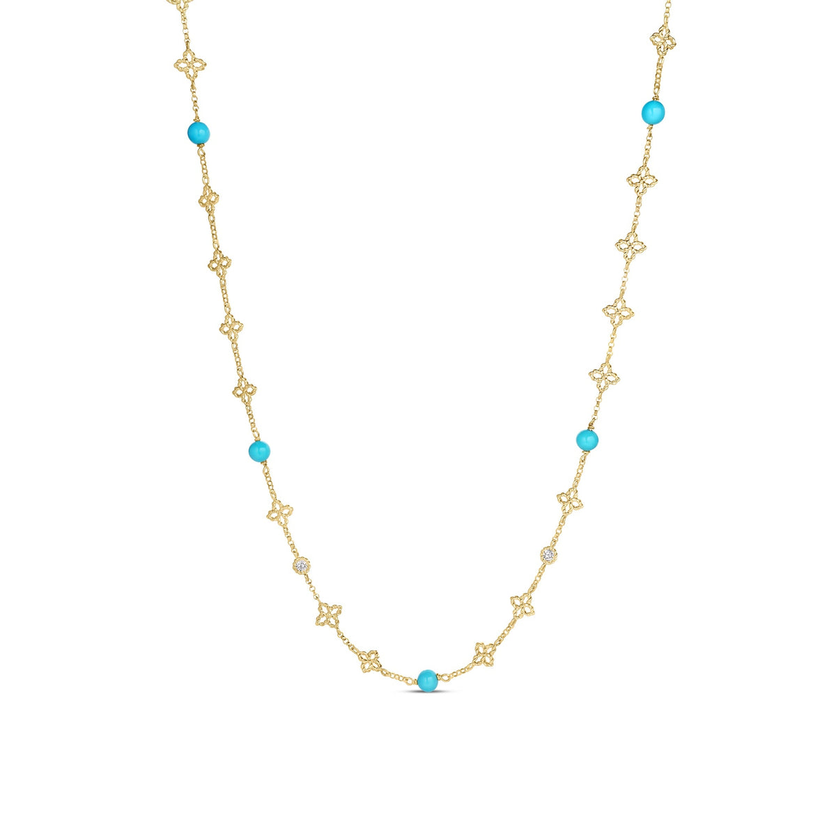 Roberto Coin Princess Flower 18K Yellow Gold Diamond Necklace featuring alternating flower-shaped links, round turquoise beads, and small diamonds.